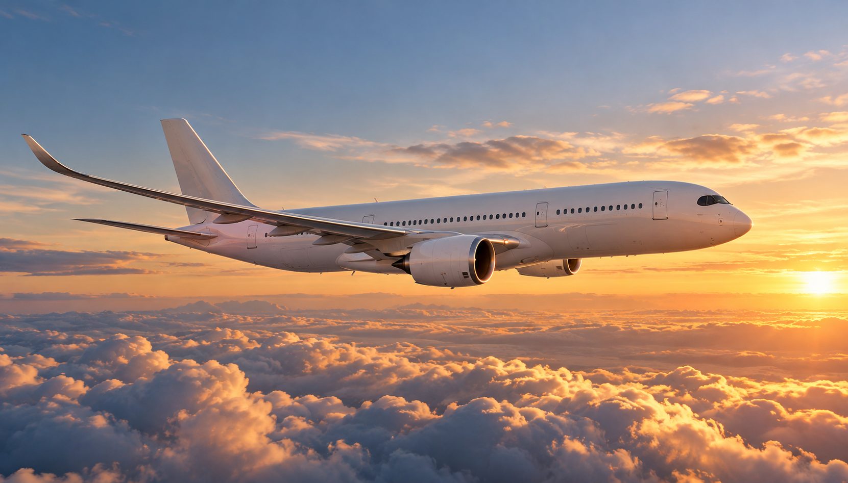 Avion de ligne au-dessus des nuages au coucher du soleil