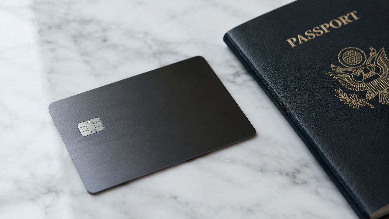 Carte de paiement en métal posée à côté d'un passeport