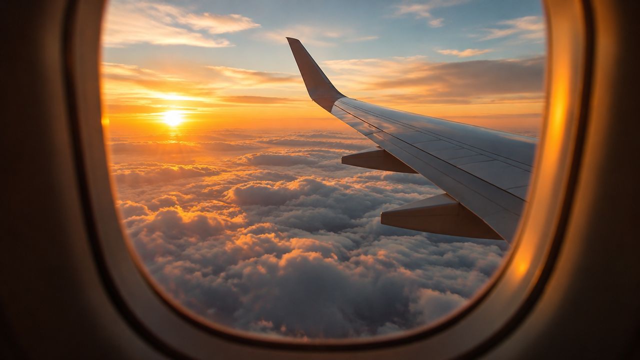 Aile d'avion vue par le hublot au-dessus des nuages au coucher du soleil