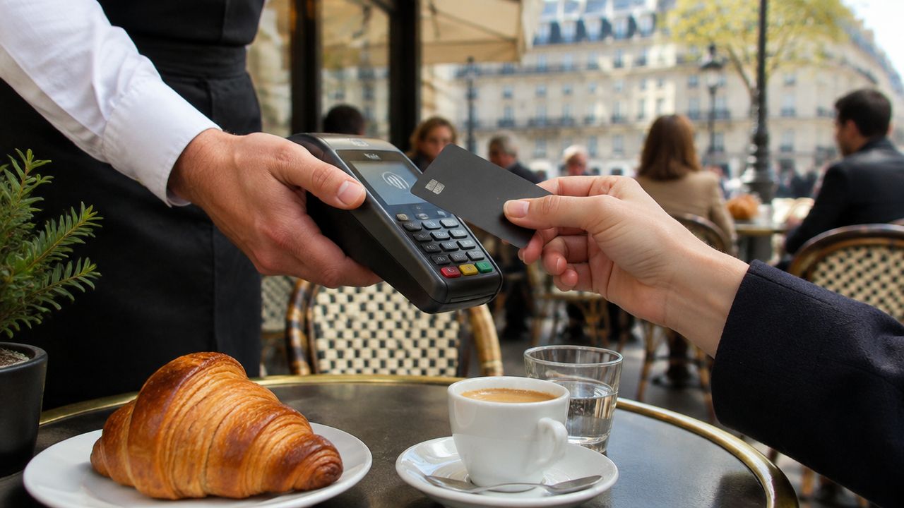 Paiement sans contact par carte à la terrasse d'un café parisien