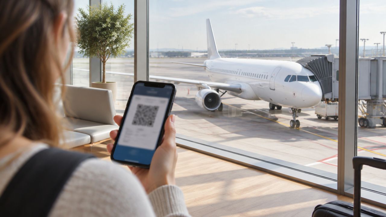 Voyageur tenant une carte d'embarquement sur son téléphone devant un avion à la porte d'embarquement