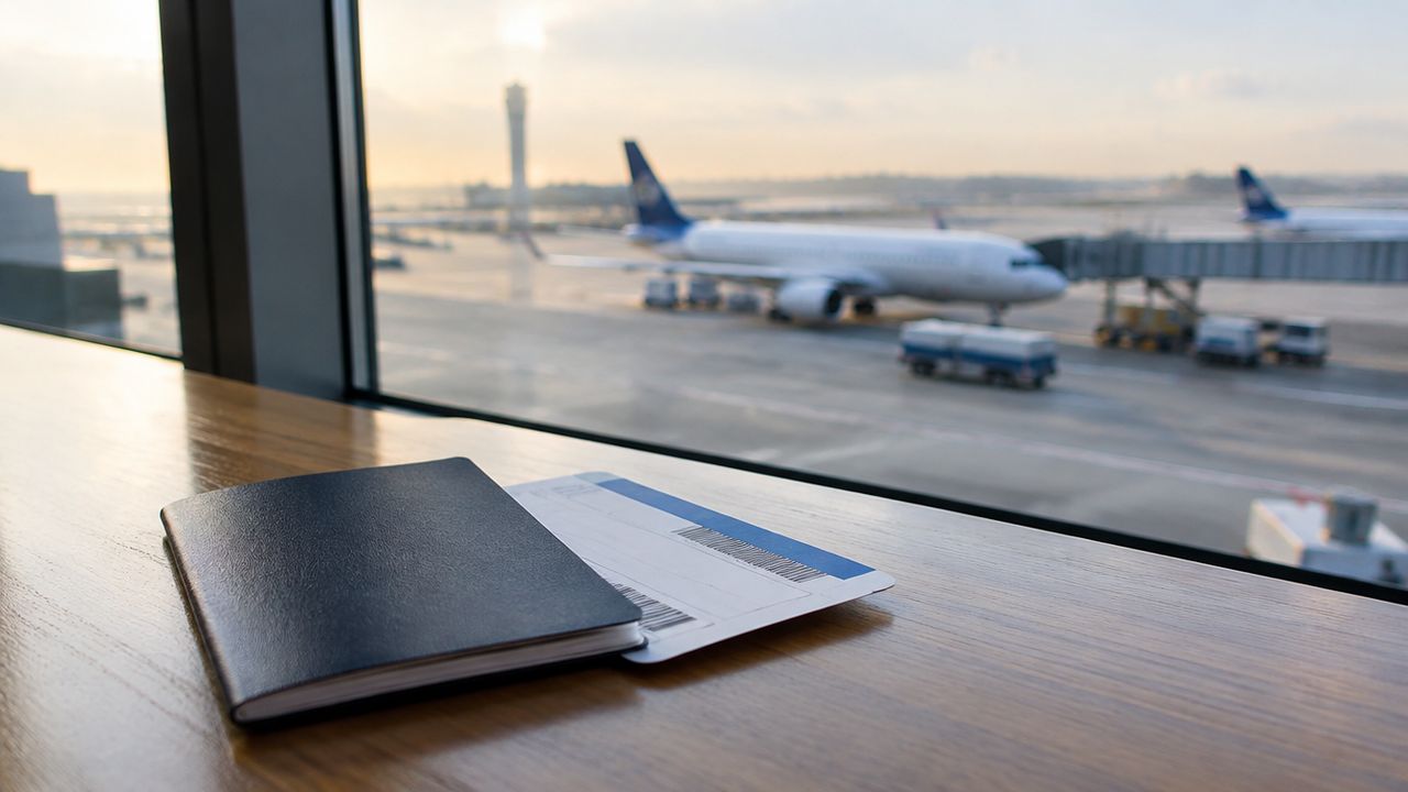 Passeport et carte d'embarquement devant les pistes d'un aéroport