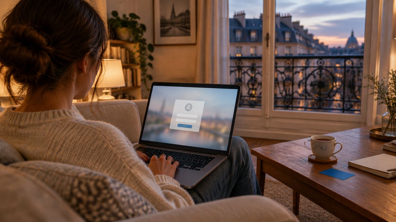 Personne se connectant à son compte sur un ordinateur portable, dans un appartement parisien en soirée