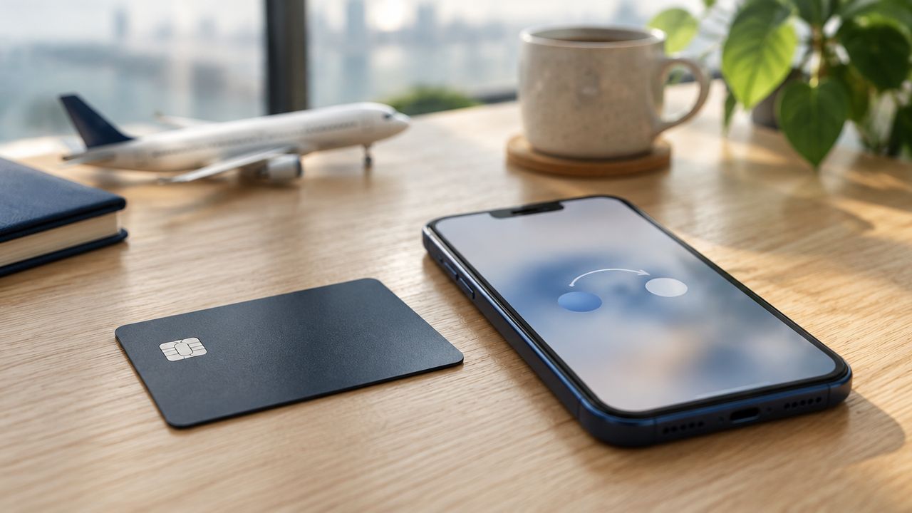 Carte de paiement et smartphone affichant un transfert de points, sur un bureau en bois clair